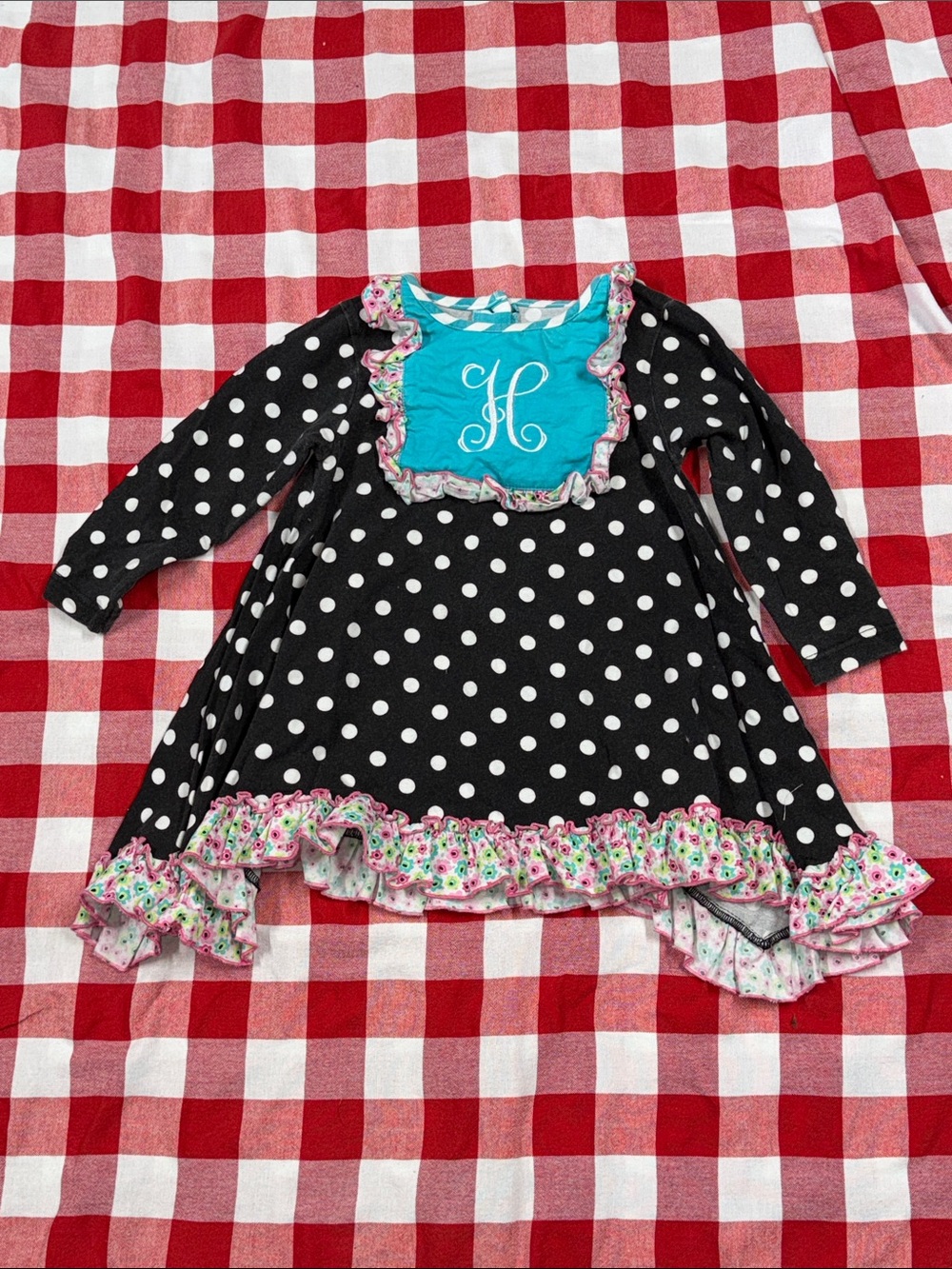 Monogrammed Black & White Polka Dot Girls' Ruffle Dress Top